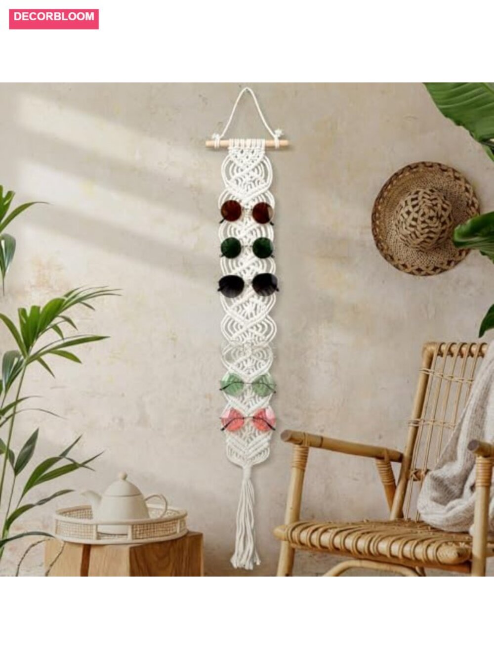Macrame Sunglasses Holder Wall Hanging Eyewear Organizer Boho Decor Cotton Rope